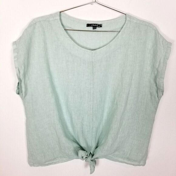 Charlie B Women Linen Tie Front Blouse Top Sz XL Light Green Short Sleeve - Picture 1 of 5